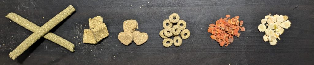 Image of various types of treats for guinea pigs