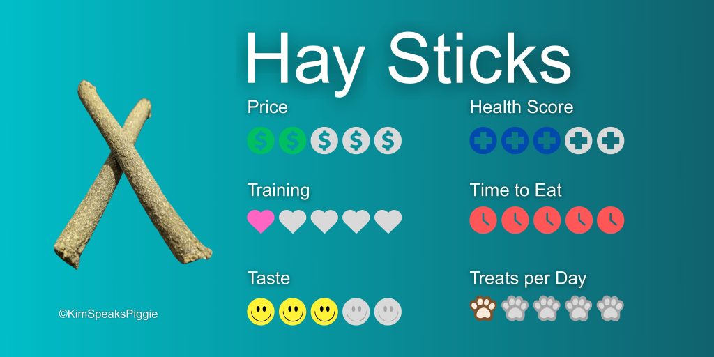 Infographic about hay sticks, one of our favorite treats for guinea pigs. Dried carrots rate a 2/5 on price, a 1/5 on training, a 3/5 on taste, a 3/5 on health, a 5/5 in time to eat, and a 1/5 in treats per day. Meaning these treats are long-lasting treats which offer great enrichment throughout the day but are not a good choice when buying treats for training and taming.